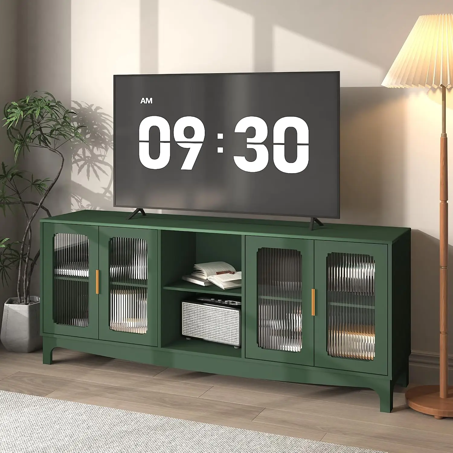 65 Inch Green TV Stand For TVs Up To 70+ Inch, Mid Century Modern Glass Door TV Console Table, Entertainment Center, Customized
