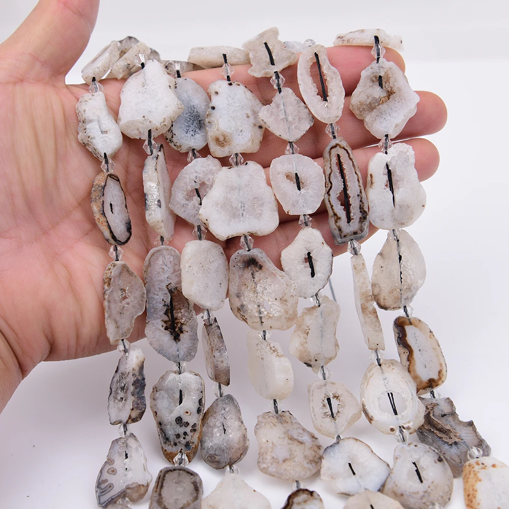APDGG Natural White Agate With Quartz Crystal cave Cutting Rough Slice Loose Pendant Beads 15.5'' Strand Jewelry DIY