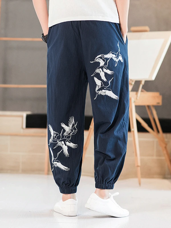 

Мужские летние свободные дышащие брюки-фонарики из хлопка и льна с вышивкой, повседневные длинные брюки с широкими штанинами в стиле Харадзюку