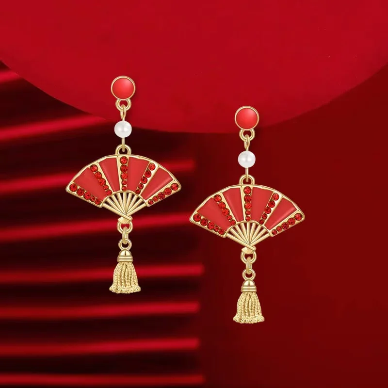 Fashion Chinese Style Earrings for Women Red Color New Year Wedding Rhinestone Luxury Jewelry Spring Festival Ear Hook Gift 2025