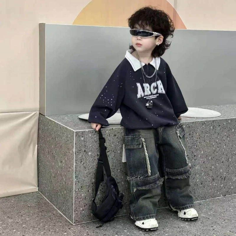 Boys Tracksuit 2026 Autumn New Korean Style Letter Hoodie Denim Pants 2 Piece Set Kids Fashion Casual Clothing