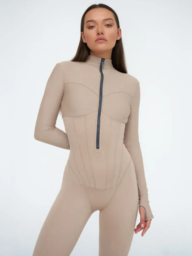 2023 Autumn Sexy Elegant Women Zip-up O-neck Long Sleeve Jumpsuit Streetwear Summer Overalls One Piece Fitness Sports Bodysuits