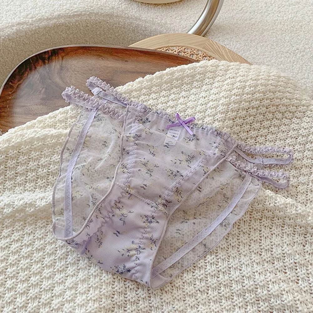 Women's panties Cross waistband Hipsters Low Rise Lace Strappy Panties Transparent Mesh Floral Pattern Sweet Bowknot Underwear B