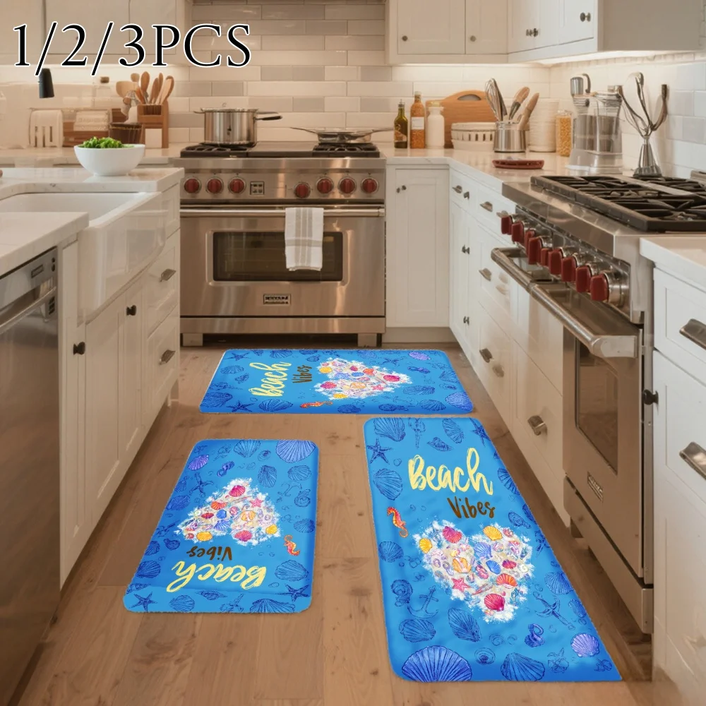 3PCS Kitchen Rugs,Home Decoration for Front Door, Kitchen, Bathroom, Beach Vibes Heart Shell Flower Pattern Dining Mat