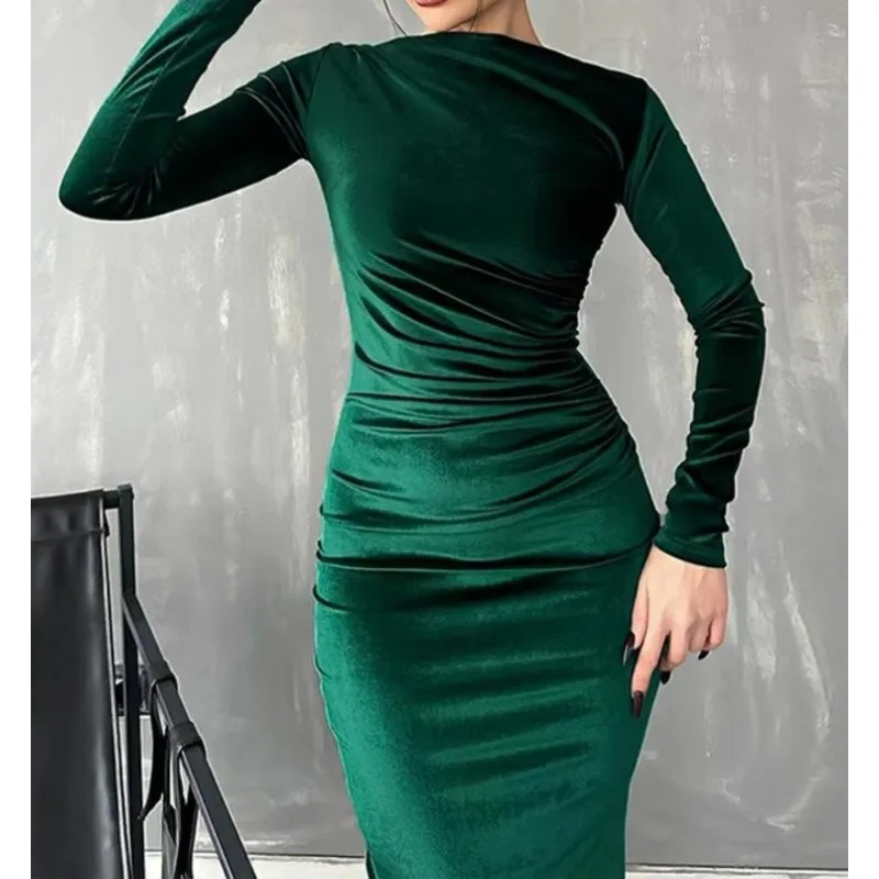 Elegant Velvet Long Sleeve Sexy Maxi Dress For Women Autumn Winter New Fashion O Neck Bodycon Club Party Long Dress