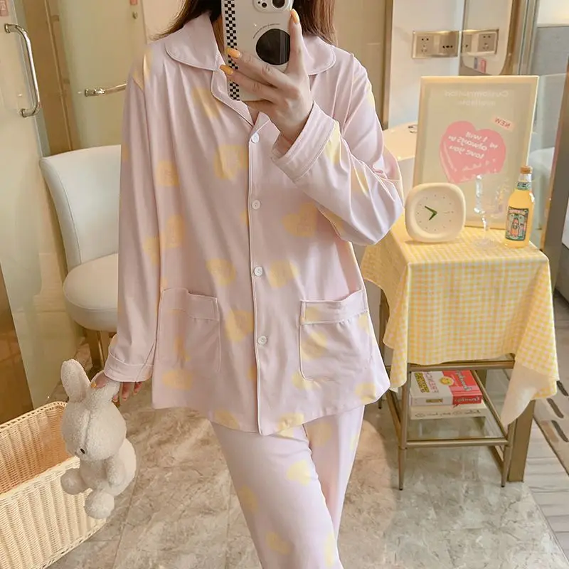 Simple Large Size Long-Sleeved Pajamas Set Spring Autumn New Women's Printing Lapel Homewear Suit 2024 Sweet Student Sleepwear