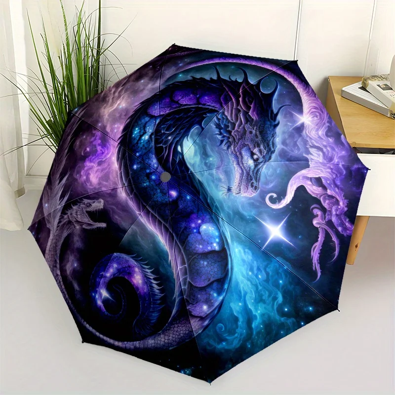 

Automatic Open/Close Umbrella - Purple & Blue Dragon Cosmic Design, Compact 3-Fold Folding Umbrella with Asian Mystique - Vale