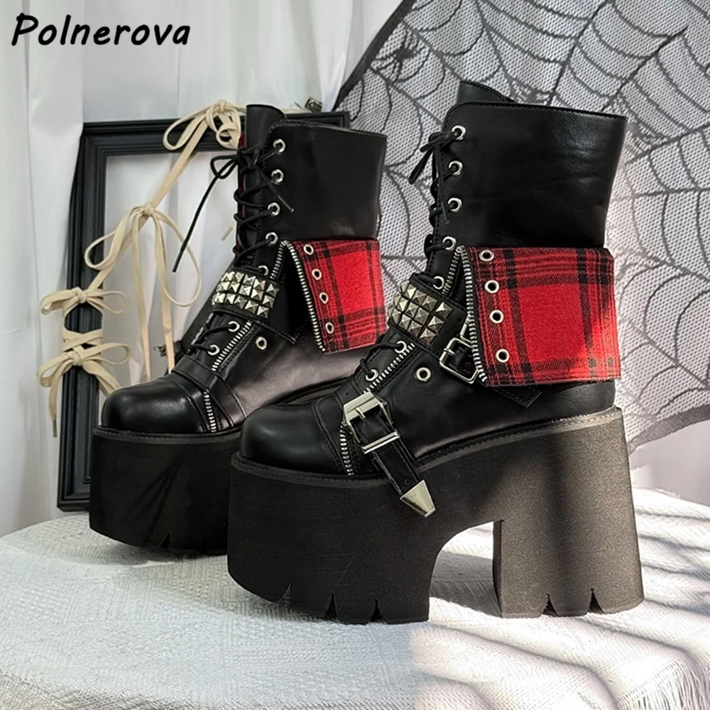 

Черные, красные ботинки с заклепками, модные зимние ботинки на толстой подошве с пряжкой и ремнем на платформе и массивном каблуке с перекрестной завязкой, 2025 г.
