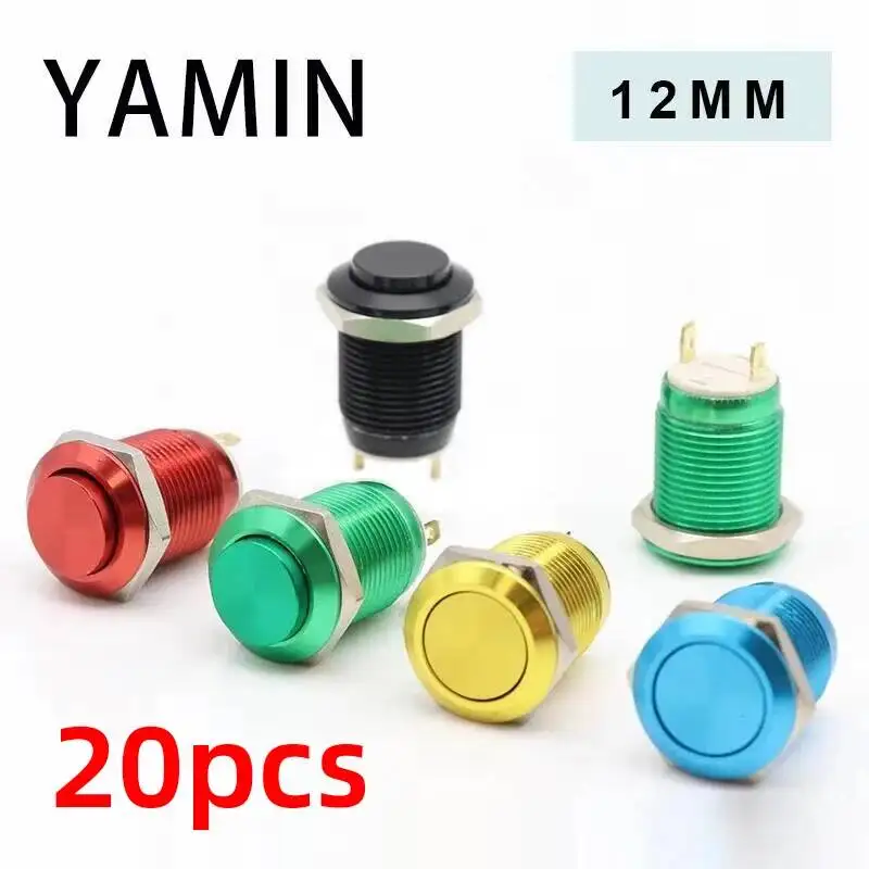 20pcs 12mm Metal Push Button Switch Momentary Reset Flat/High Head Round 2Pins 1NO Oxidize Black/ Green/ Yellow/ Red/ Blue