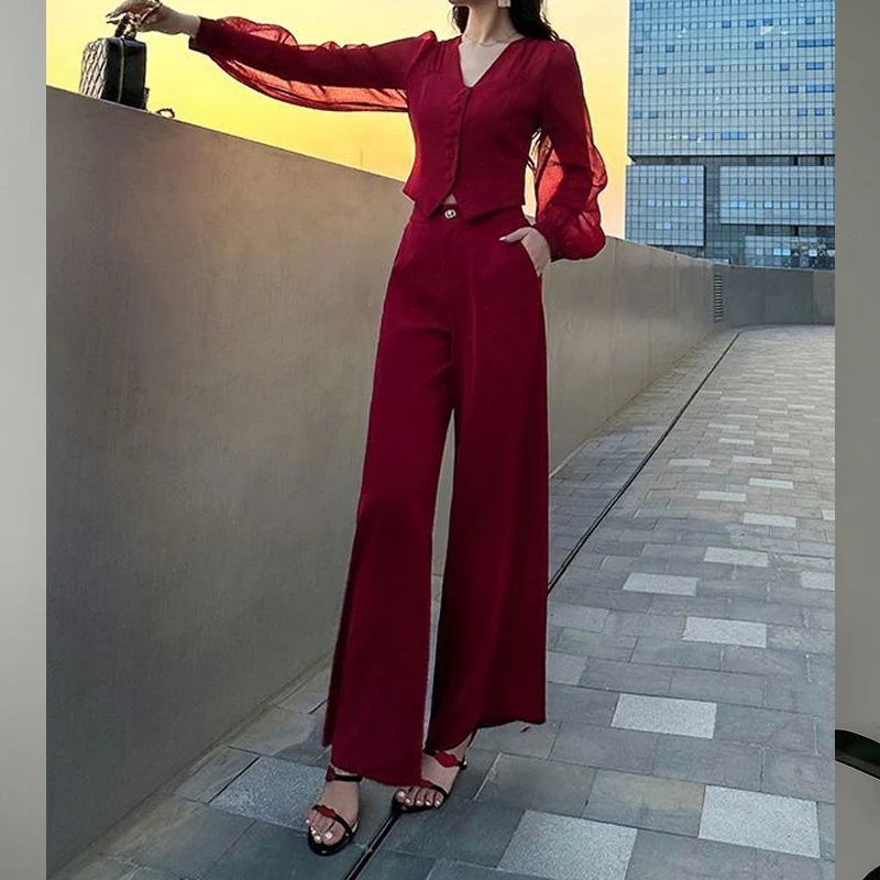 Summer New Solid Color Suit Women V-neck Slim Long Sleeve Lace Patchwork Button Cardigan and Zipper High Waist Wide Leg Trousers