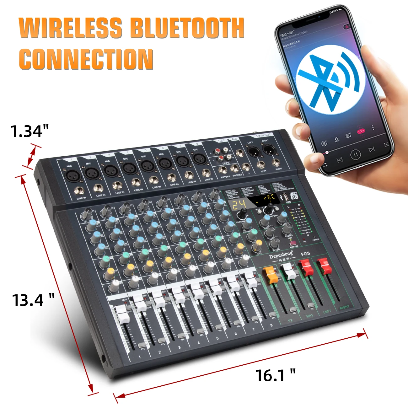 Mixer Audio deusheng FG8 8 canali DJ Mixing Console PC USB Record Bluetooth-funzione 24 effetti digitali 48V Phantom Power