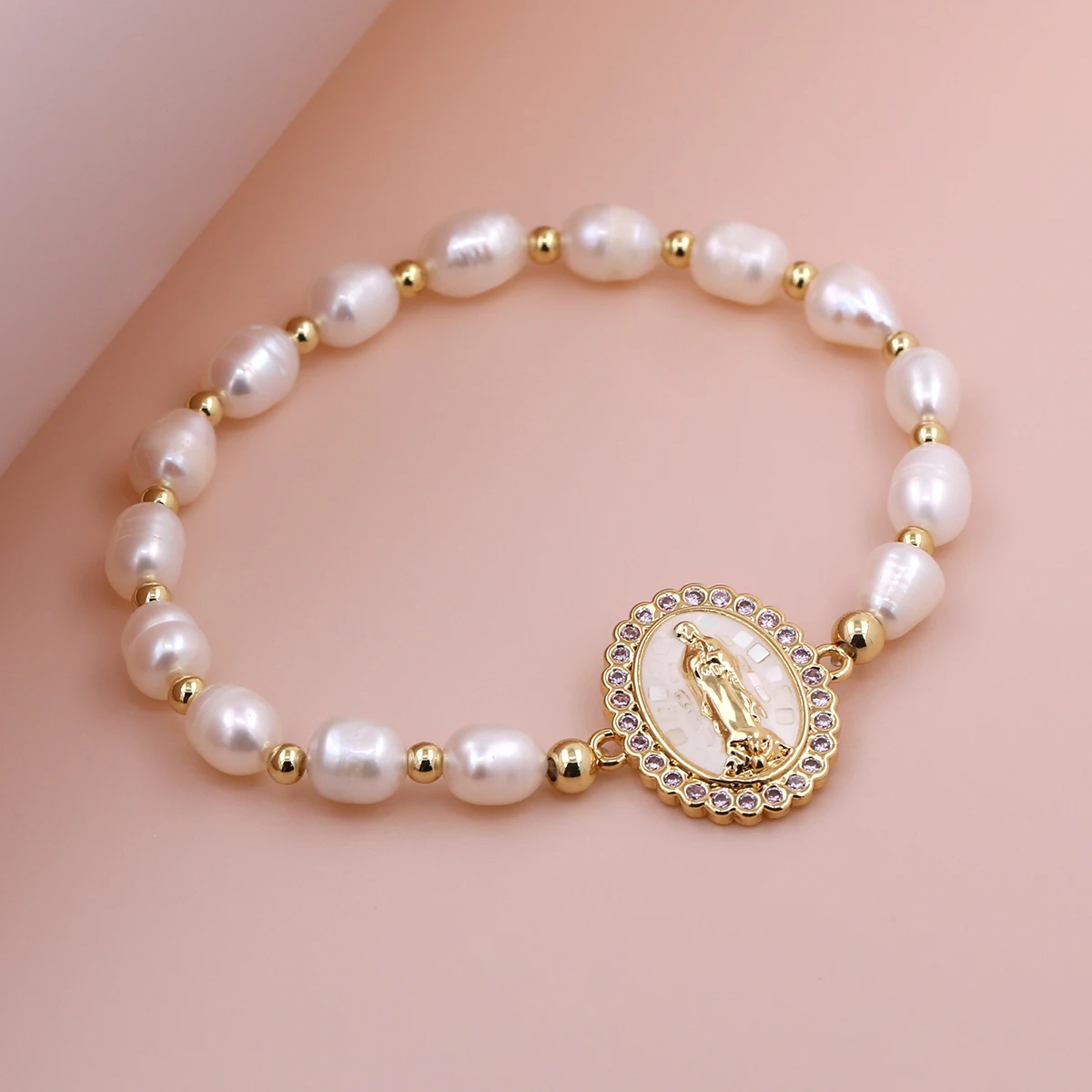 2024 Newest Shell Pearl Bead adjustable Zirconia Paved Virgin Mary Religious Cz white Elastic line Bracelet For Women