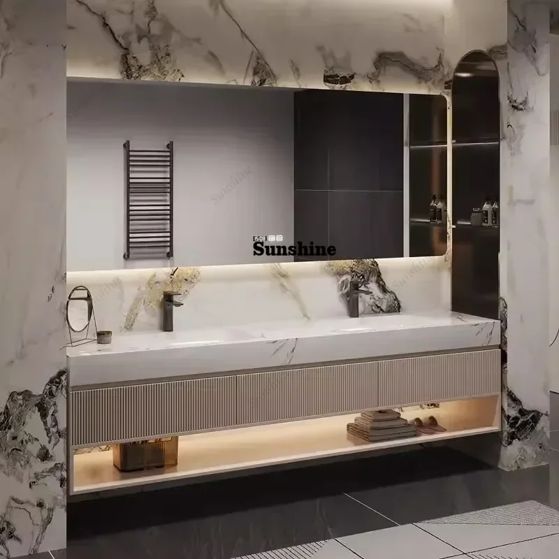 

Зеркальный шкаф-тумба в стиле французской роскоши с бесшовной столешницей из каменной плиты, двойной раковиной и комбинированной тумбой для ванной комнаты из массива дерева, модель C