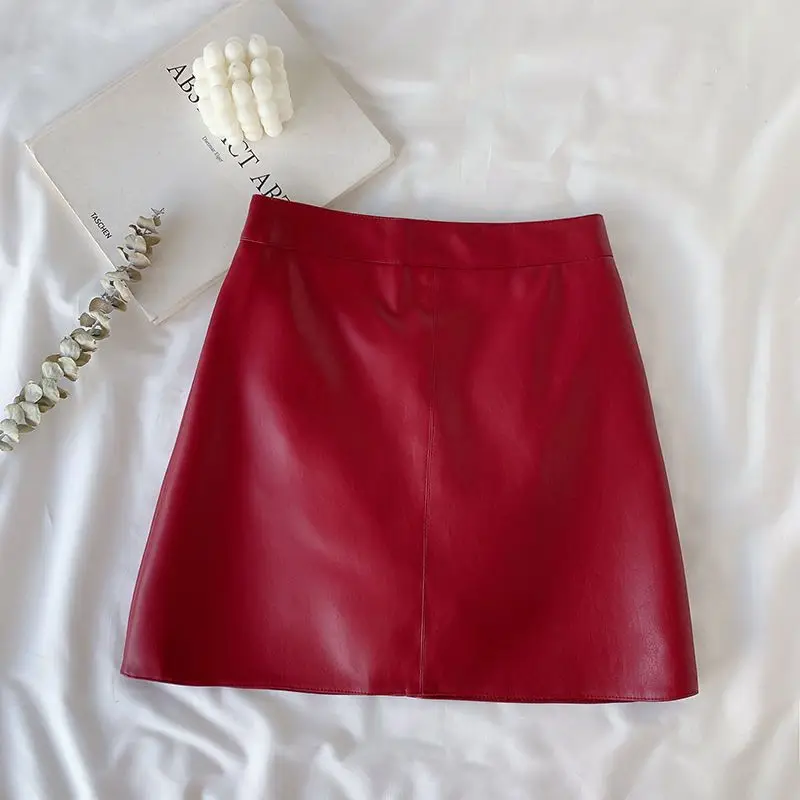Solid Zipper Wrap Hip Leather Skirt Autumn Winter New Korean High Waist Mini Skirt Female Chic Sexy Club A-line Pu Skirts Women