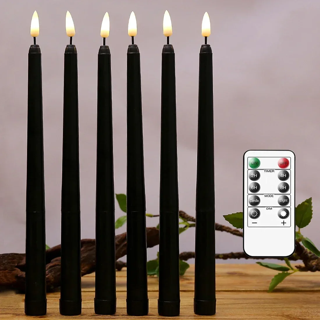 Halloween LED Black Taper Candles With Remote Control 6 or 12 Pieces,Flameless Electronic 28cm/11 inch Window Candlesticks