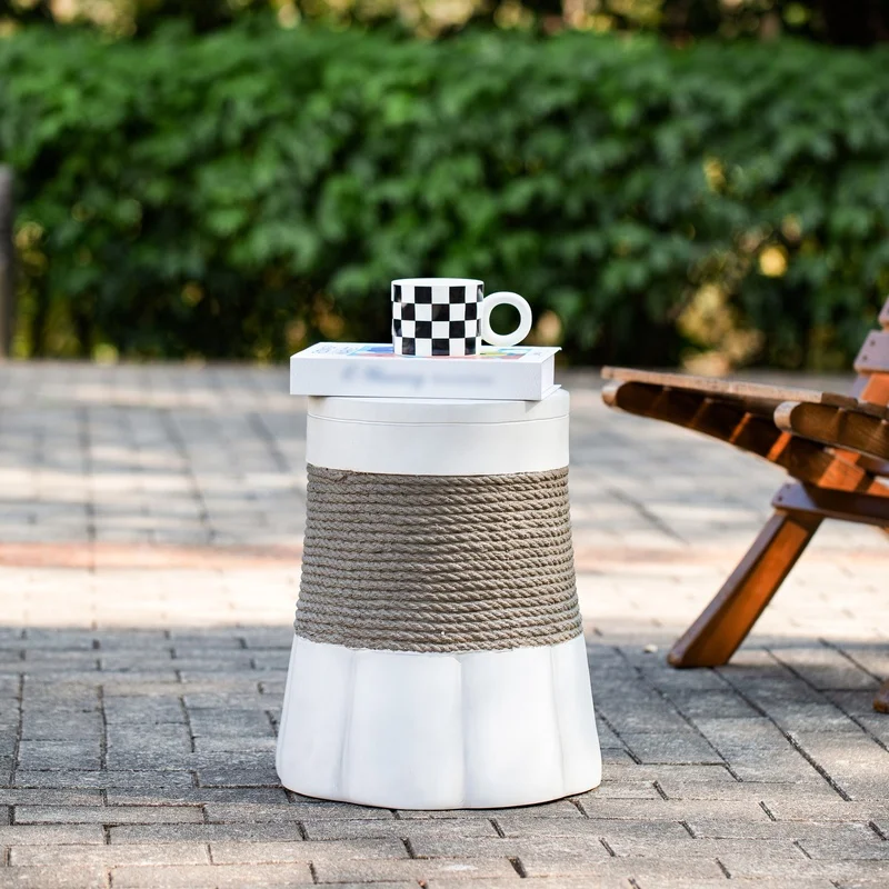 

Retro Woven Rope End Table with Fan Base – Light Gray Brown MGO Outdoor Indoor Side Table