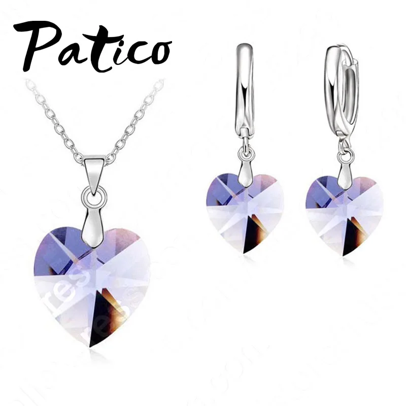Austrian Crystal Genuine 925 Sterling Silver Jewelry Sets Heart Stone Pendant Necklaces Drop Earrings Woman Accessories Gift