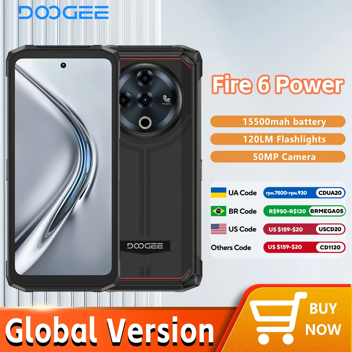 DOOGEE Fire 6 Power Rugged Smartphone 6.56" IPS Screen 15500mAh Battery Unisoc T606 8GB+256GB 50MP Camera Android 14 NFC