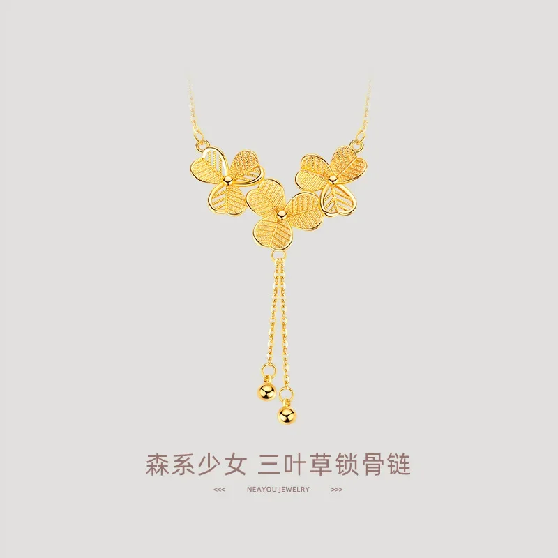 9999 Real Gold 24K Premium Wedding Bridal Flower Necklace Spring Clover Flower Collarbone Necklace