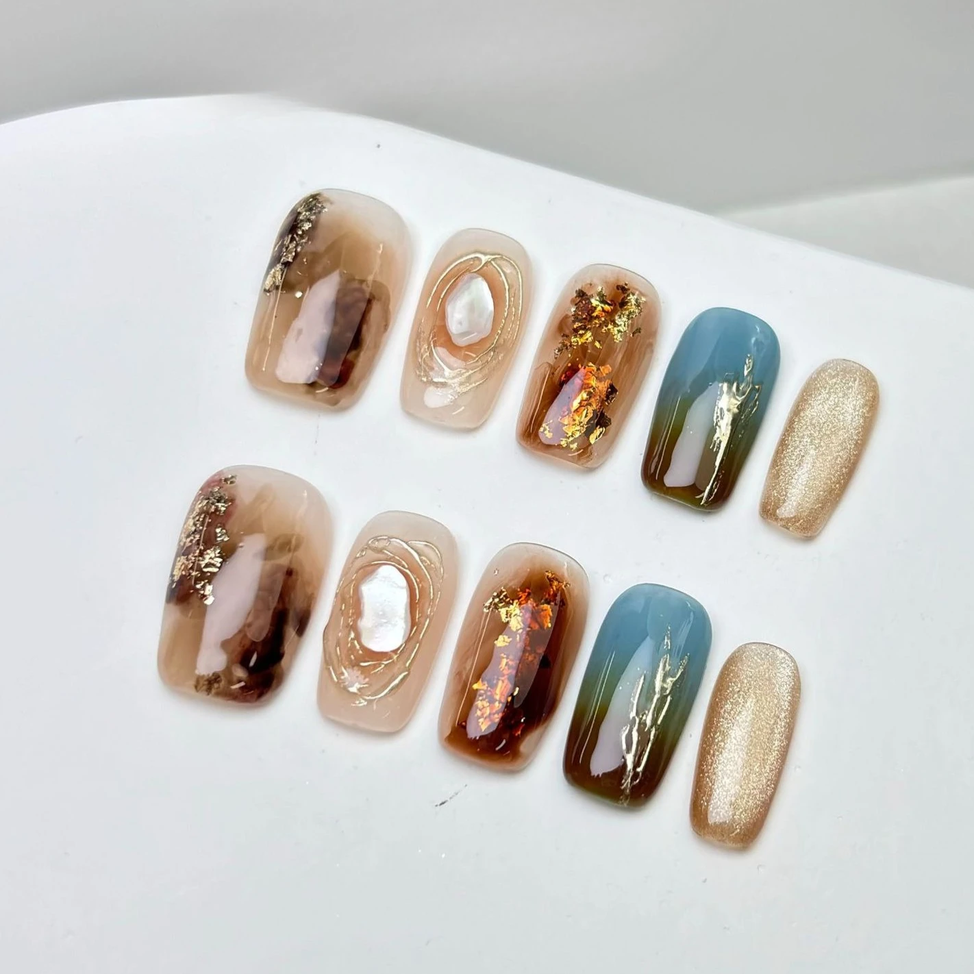 10 stuks korte ronde Franse acrylnagels mooie amber glitter glanzende vlekken nepnagels tips voor vrouwen herfst afneembare nagelset