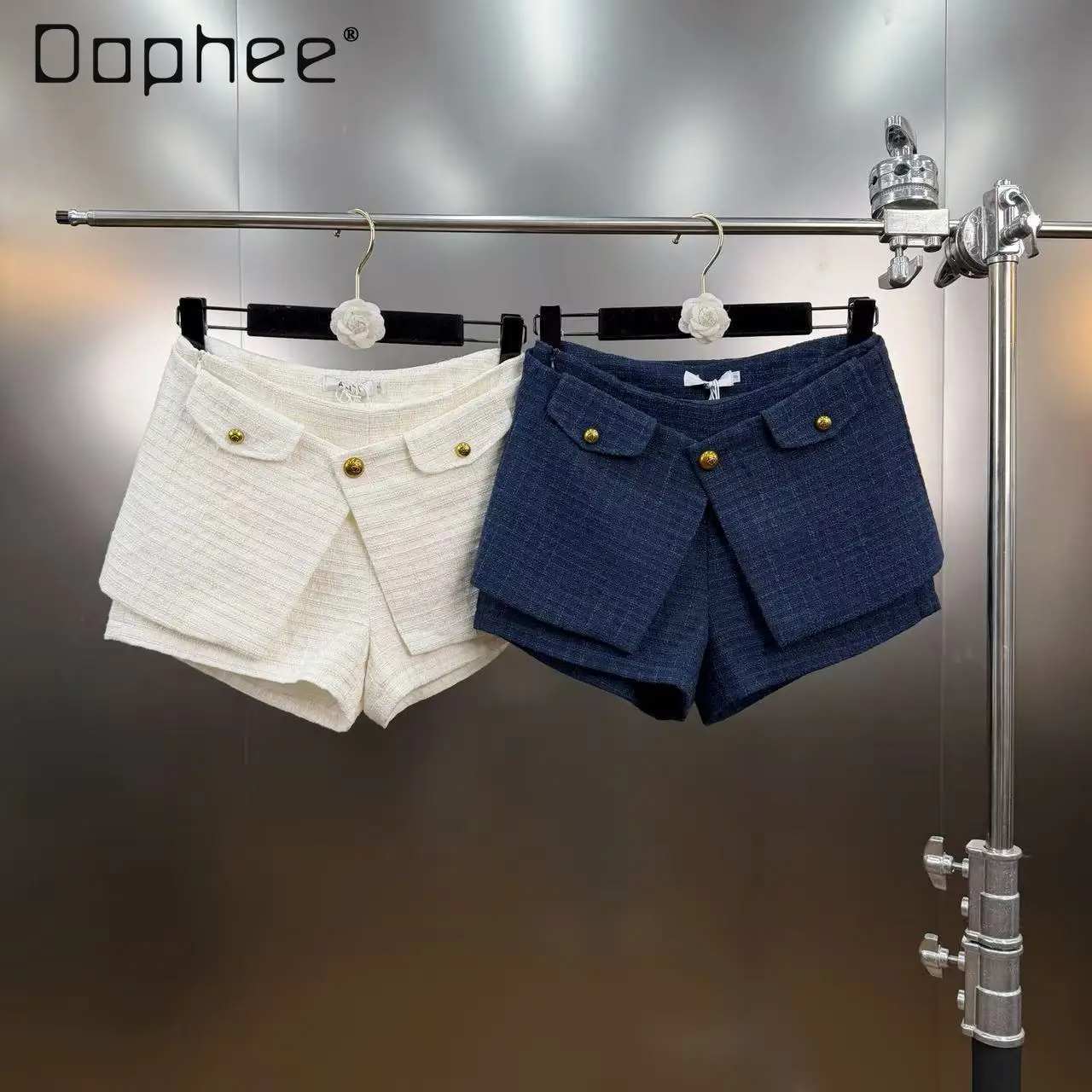 

2026 Spring Korean Chic Fake Pocket Patchwork Fashion Shorts Casual High Waist Slim Metal Buckle Trendy Hot Girl Wide Leg Pants