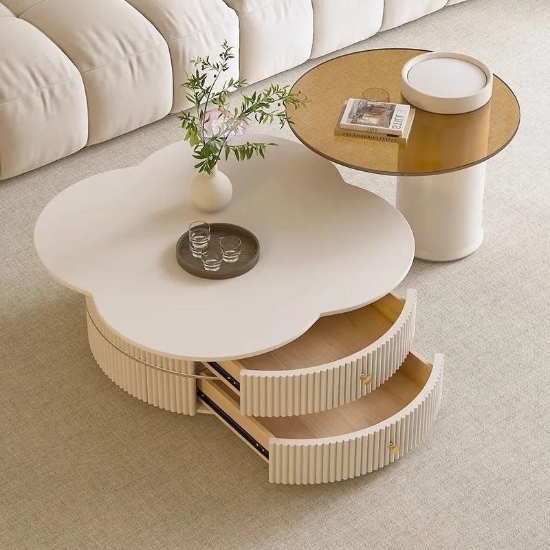 Cream style rock panel coffee table, light luxury, modern living room, household small unit, flower four leaf clover circular co