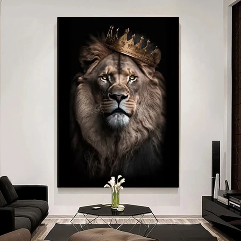 Animal King Lion with Crown Poster Gold Pop Art Graffiti Prints Canvas Painting Wall Art Picture for Living Room Home Decoration