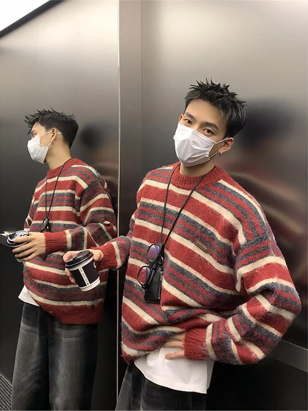 

Ретро-свитер в американском стиле с полосками и цветовыми блоками, круглый вырез, свободный крой, вязаный, осенне-зимний, базовый слой, топ в стиле lazy style