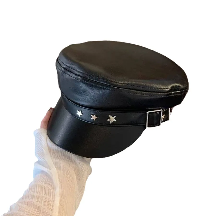 Designer Brand PU Belt Buckle Militray Hat Metal Pentagram Newsboy Caps Fashion Women Streetwear Flat Top Cap Navy Hat