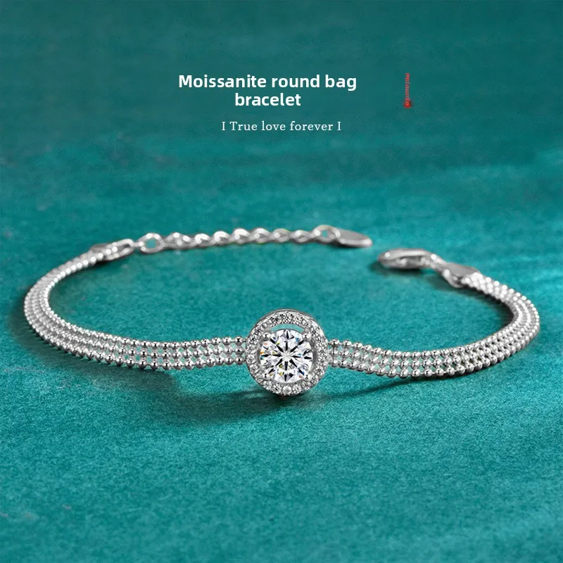 S925 Silver Platinum-Plated 1CT D-Color Moissanite Round Full-Set Bracelet for Women