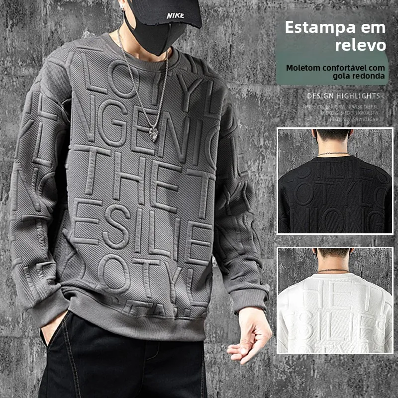 Camiseta Masculina de Manga Longa Solta e Confortável com Gola Redonda, Estampa Floral em Letterpress, Cinza, Novo Estilo Pri...
