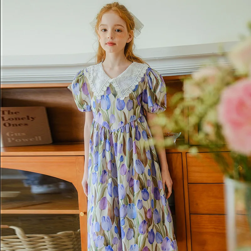 

Summer Girls Dress Puff Sleeve Floral Casual Princess Dresses for Kids Brief Turn-down Collar Teenage School Kids Party Clothes