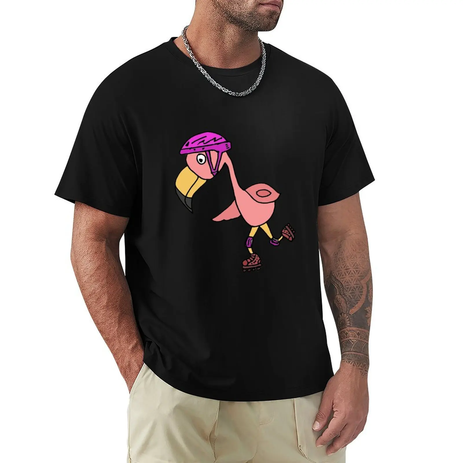 

Cool Flamingo Rollerblading T-Shirt customizeds street wear blue archive anime tshirt Short sleeve tee men