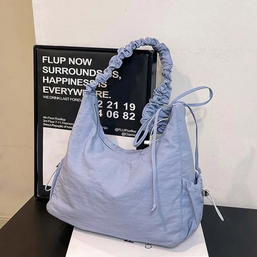 Nylon Drawstring Shoulder Bag Zipper Solid Color Pleated Straps Handbag Soft Large Capacity Cloth Crossbody Bag School