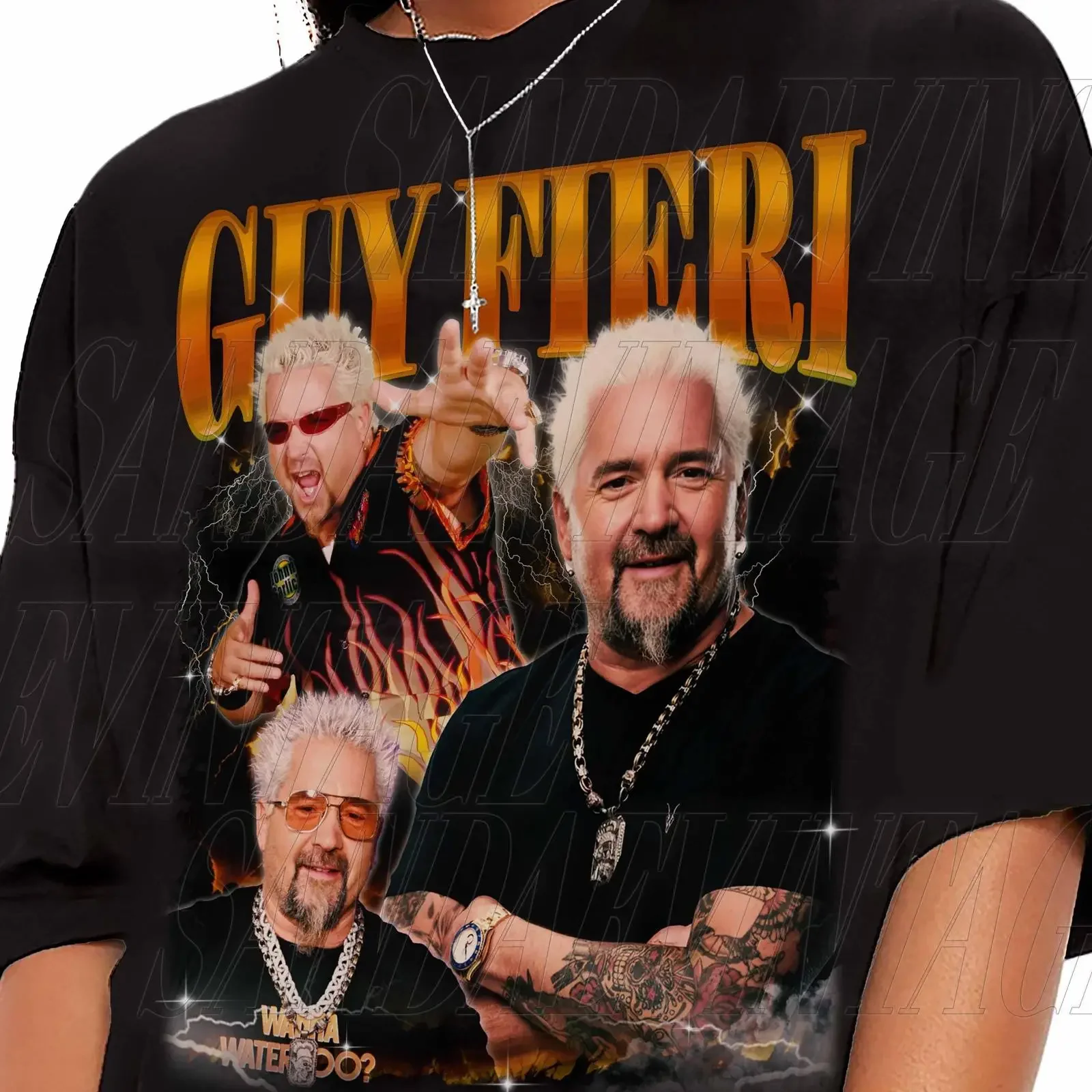 Guy Fieri Vintage Bootleg T Shirt Black Gold Lettering Lightning Print Wanna Water Do Casual  vintage Washed Versatile