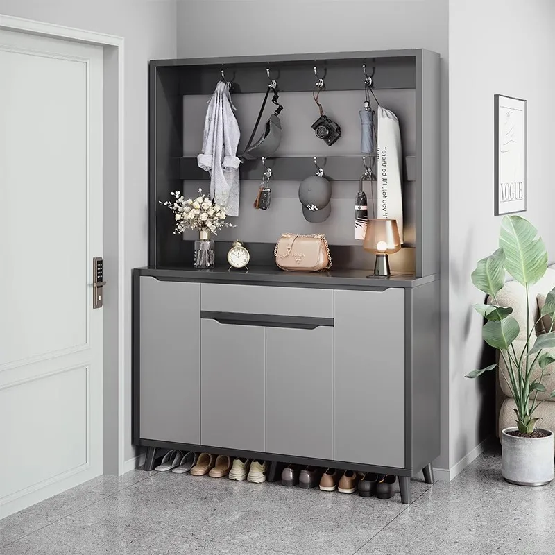 Shoe cabinet large-capacity storage at the entrance of the household entrance clothes and hats hanging hangers are integrated