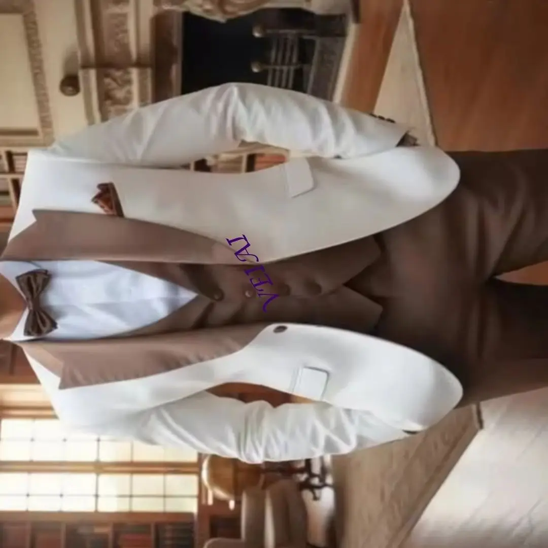 

CustomizedNew Brown And White Men Suit Formal Occasion Groom Groomsman Wedding Party Prom Male Tuxedos 3 Piece Set Blazer Vest P