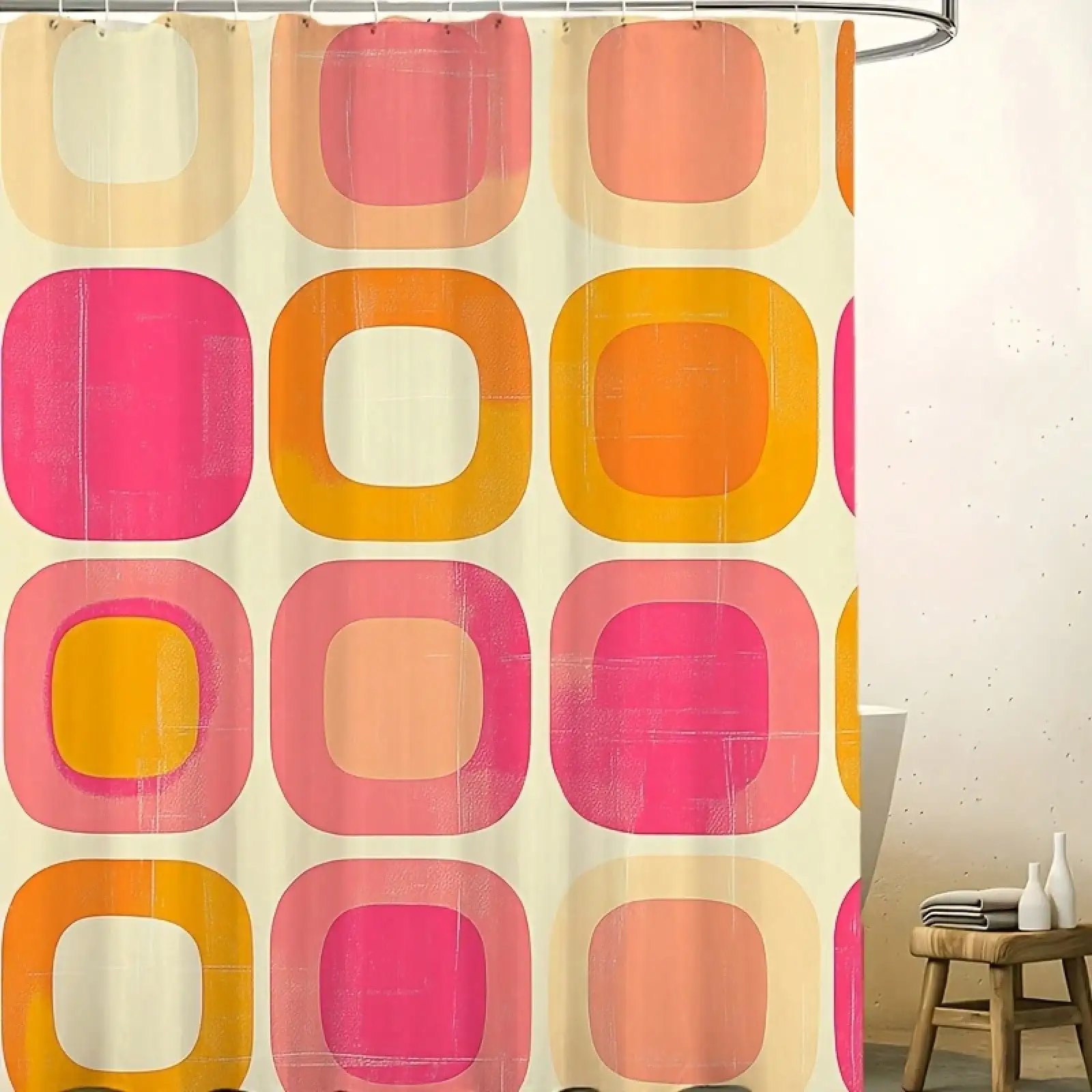 

Mid-Century Modern Geometric Shower Curtain, Pink & Orange Retro Polyester Bathroom Curtain, Water-Repellent, Minimalist, 70s Vibe, Boho, Aesthetic Bathroom Divider