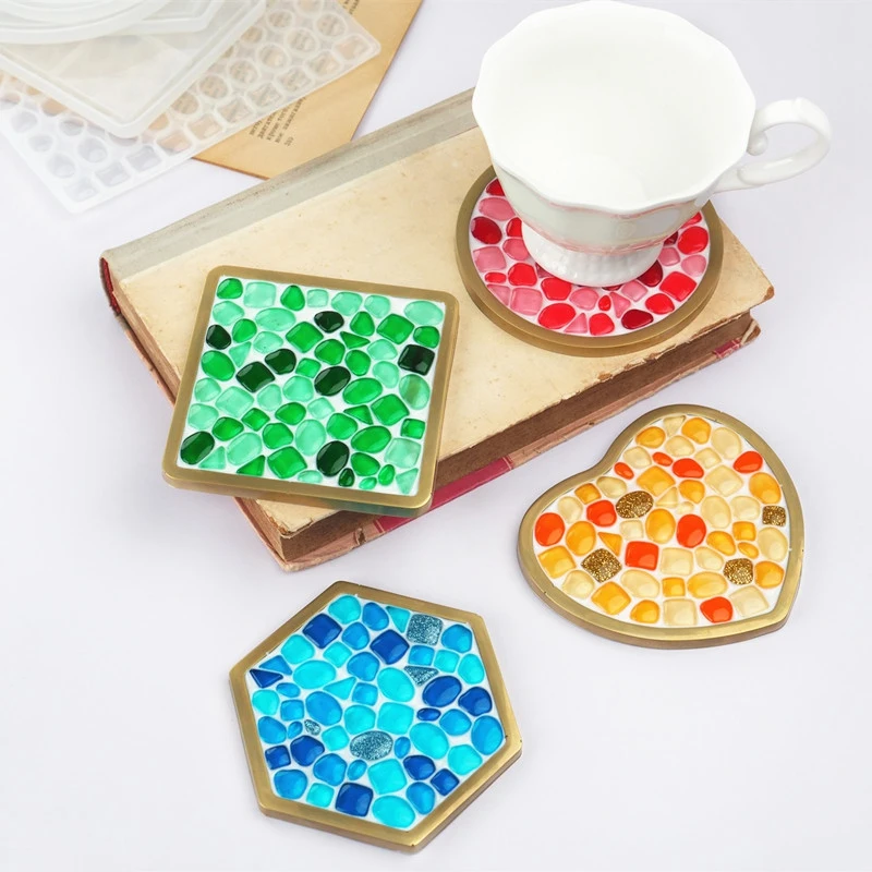 5PC/Set DIY Epoxy Resin Coaster Silicone Mold Heart Hexagon Round Square Irregular Mosaic Coaster Mold Decoration Crafts