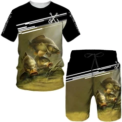 Herren Outdoor Angeln Print Shorts 2 Stück Sets Vintage 3D-Druck zweiteiligen Anzug O-Neck T-Shirt Mode männliche Sweatshirt Kleidung