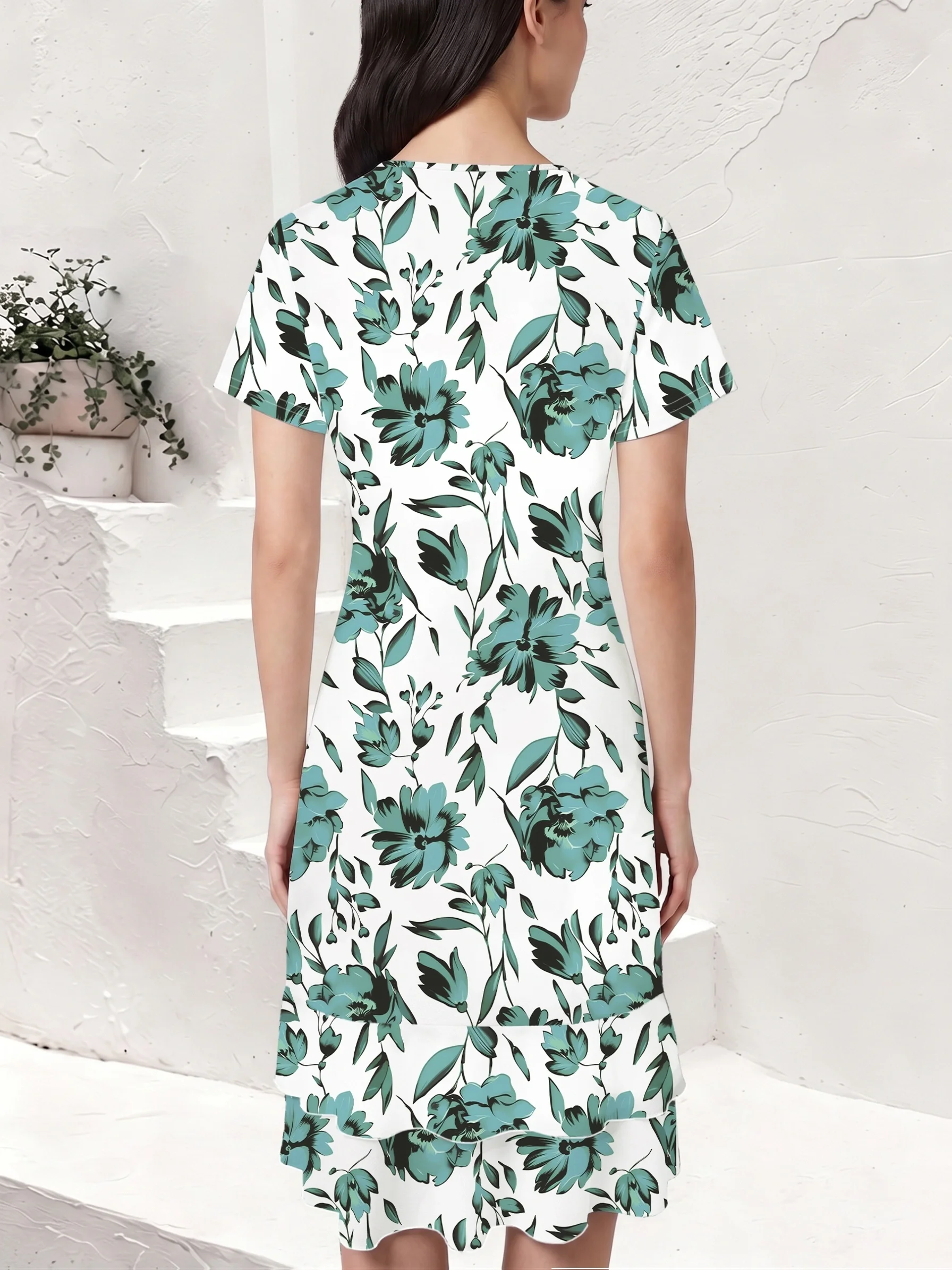 Summer New Style V-Neck Short-Sleeved Dress with Fresh Waist-Cinching Design and Double-Layered Ruffles, Mid-Length Skirt