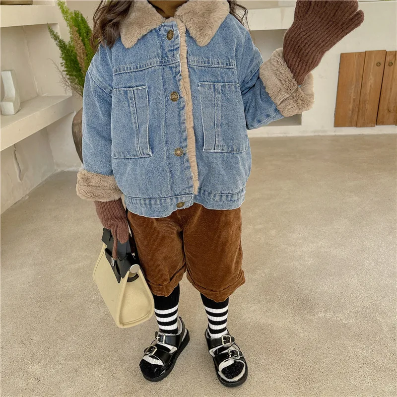

Girls' Velvet Denim Jacket Autumn and Winter Clothes New Korean Boys and Girls Jacket Coat Thickened Cotton Clothes
