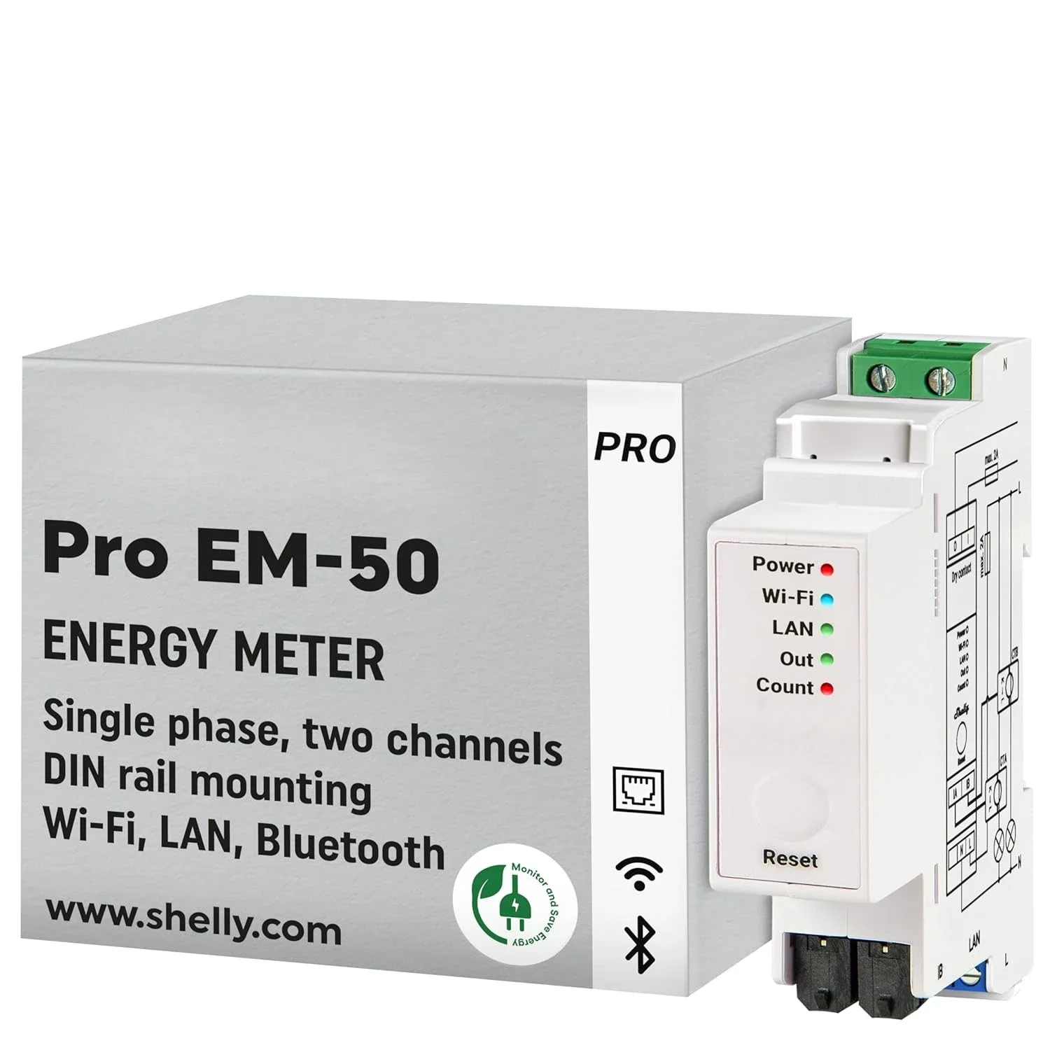 مقياس طاقة EM 50A Wi-Fi & LAN مع التحكم في المقاولين |   أتمتة المنزل DIN-Rail |   بوابة بلوتوث |   متوافق