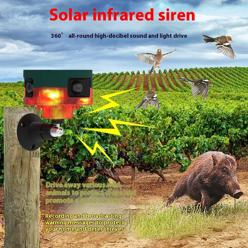 Solar alarm plug-in 360 degree infrared sensing sound and light warning light beast drive record voice broadcast speaker
