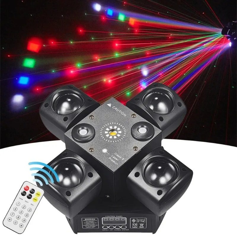 Four Arm Rotating Stage Light with Remote Control Red Green Laser White Light Flash DMX512 Sound Control Bar Dance Party Lights