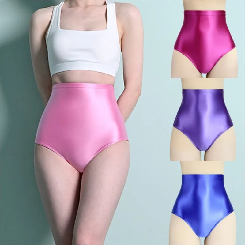 Women's High Waist Elastic Briefs Shiny Smooth Tight Sports Gym Fitness Yoga Dance Gymnastics Swimming Underpants