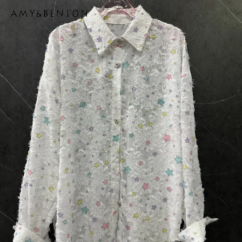 

Новая летняя женская блузка свободного кроя с длинными рукавами, украшенная объемными стразами в виде звезд, универсальная повседневная модель, нестареющая классика