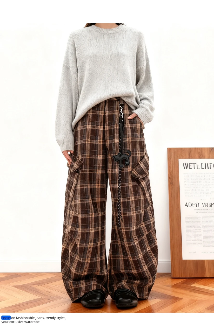 

CHIC Classic Fashion Women's Cargo Pants Retro Plaid High Waist Straight Loose Long Trousers Vintage Casual Pants Autumn Winter