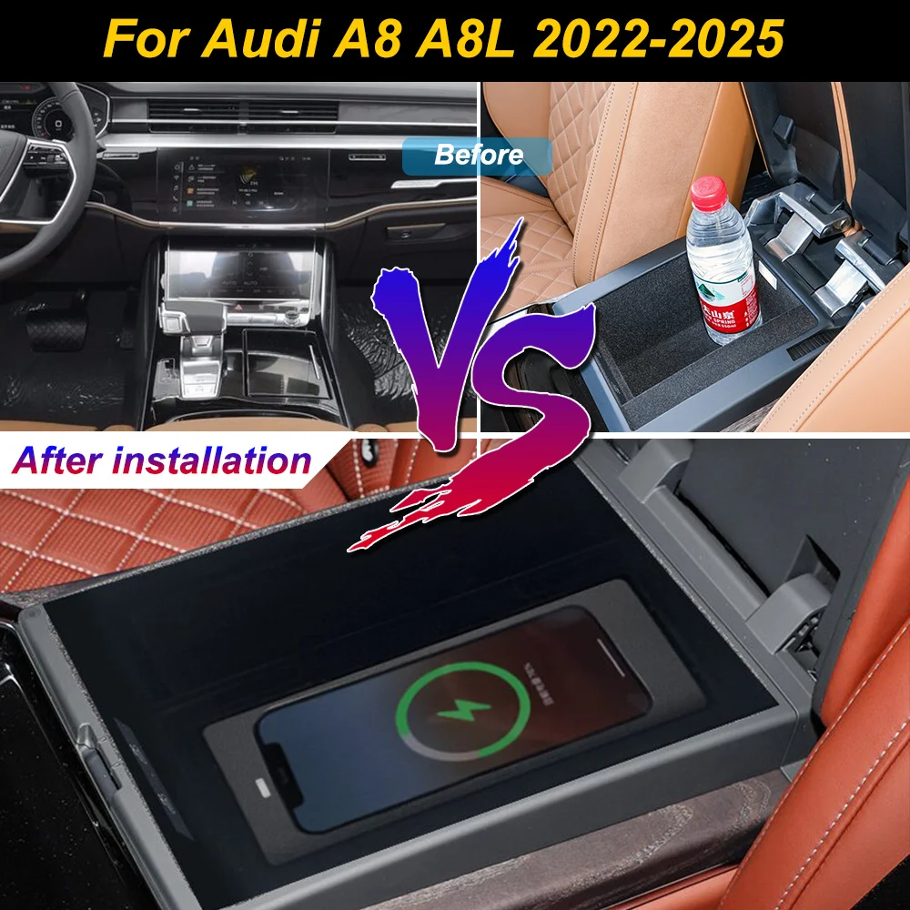 Carregador Sem Fio 2 Din para Audi A8 A8L 2022-2025, Suporte de Carregamento Rápido de 18W para iPhone no Console Central
