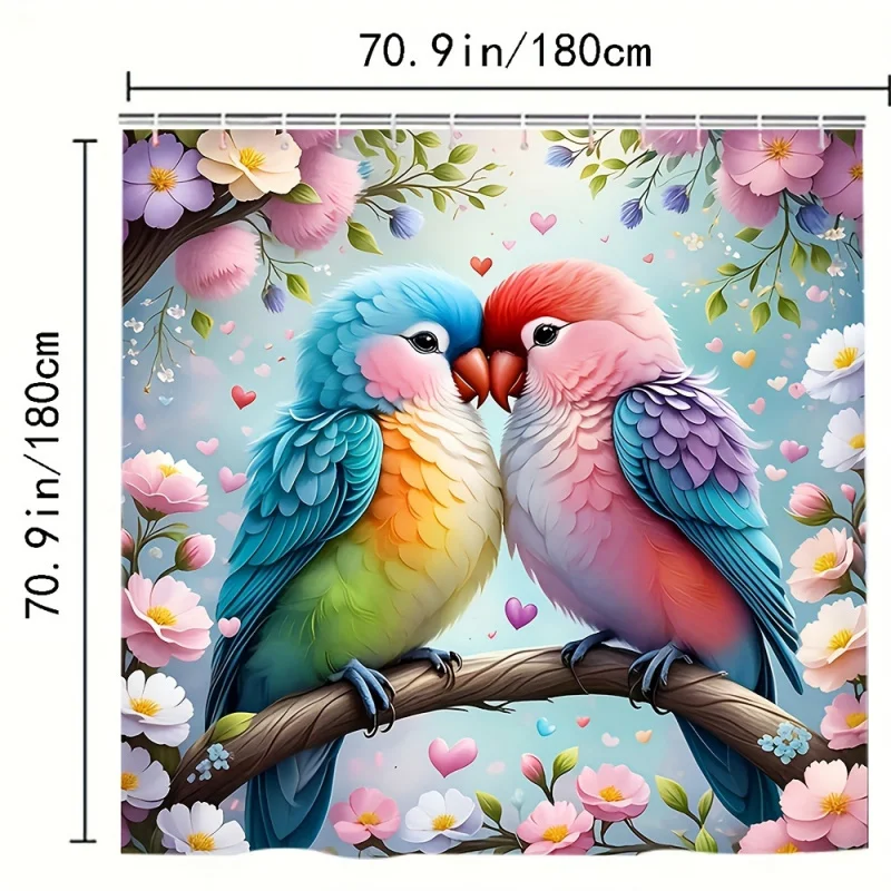 4pcs Two Parrots Art Waterproof Polyester Fabric Shower Curtains, for walk in showers, 12 hooks, with bathroom anti-slip fl